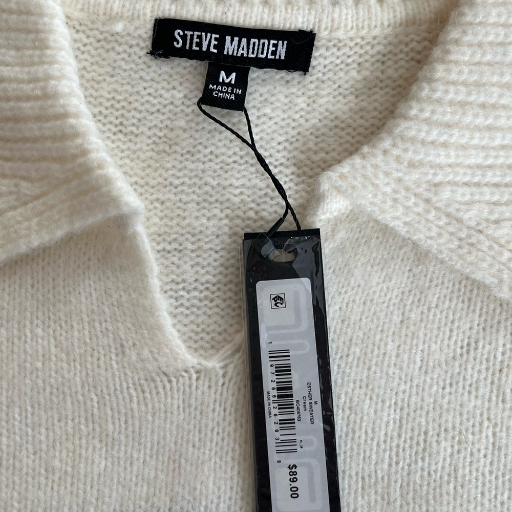 Steve Madden Navy and White Designer Collar Striped Sweater Women’s Medium - Picture 2 of 15